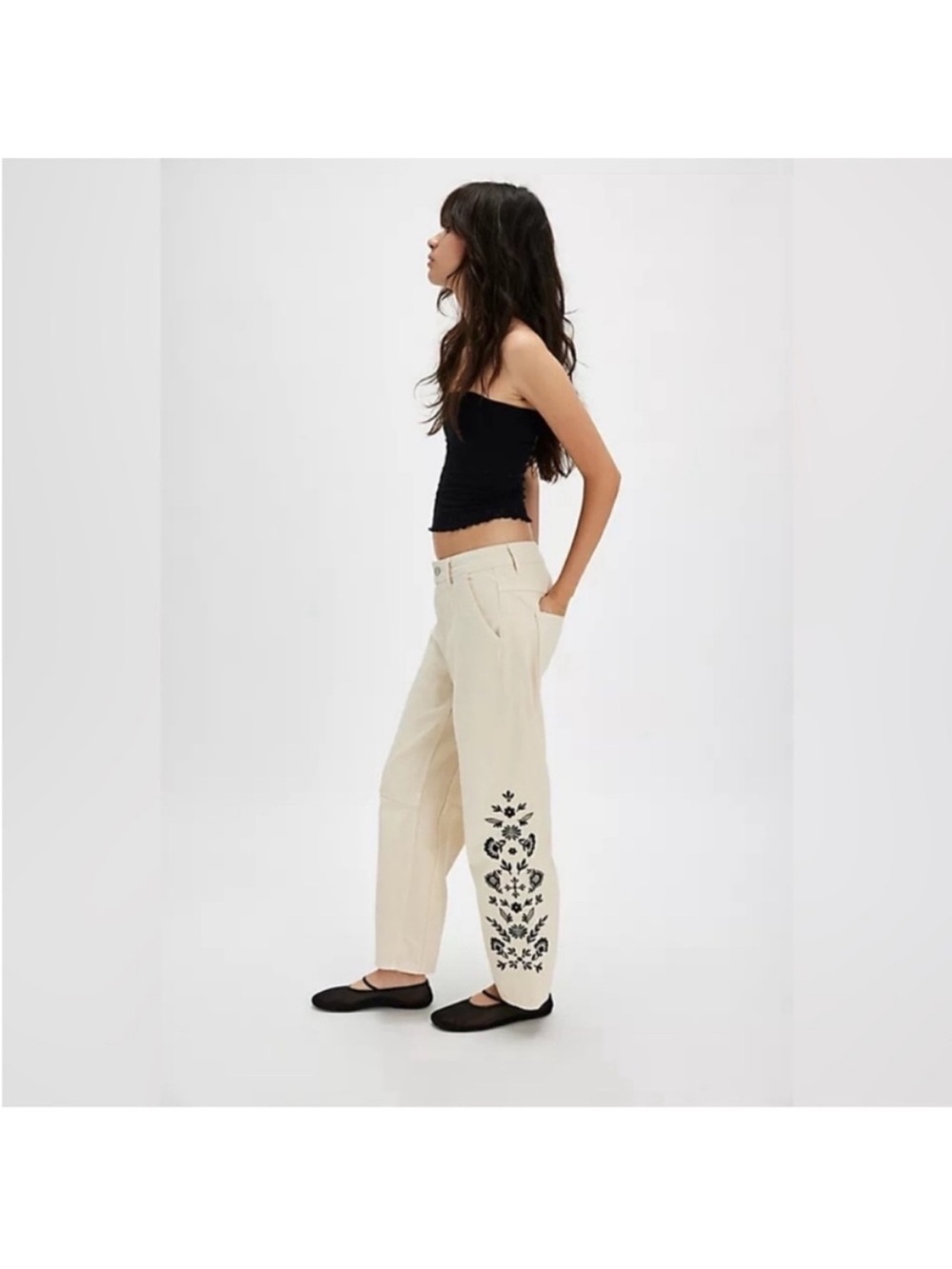 NWT Driftwood Barbara Nordic Floral Embroidered Barrel Leg Jeans Women's W28 L27 - Picture 7 of 13